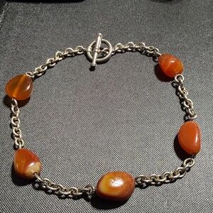 Vintage Italy Sterling Silver Carnelian Rollo Chain Choker Necklace 15"  (1)